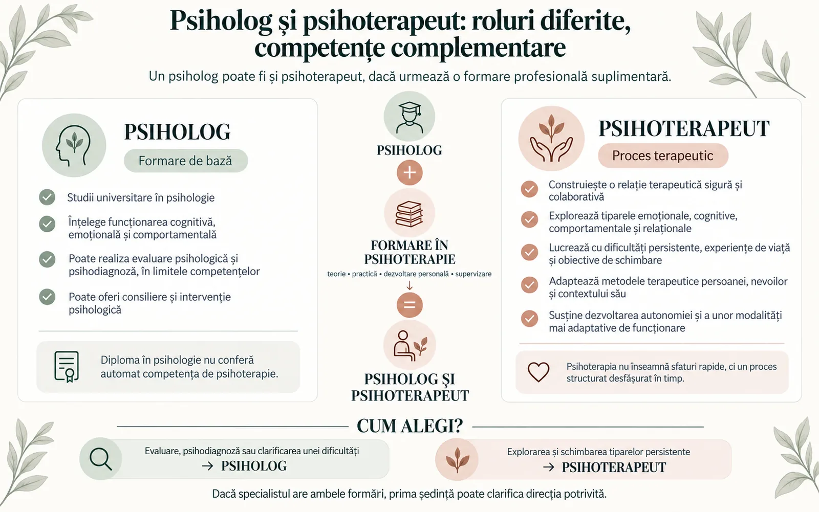 Infografic comparativ: psihologul are formare de bază în psihologie, iar psihoterapeutul lucrează printr-un proces terapeutic; un psiholog devine psihoterapeut prin formare în psihoterapie, cu criterii pentru alegerea specialistului potrivit