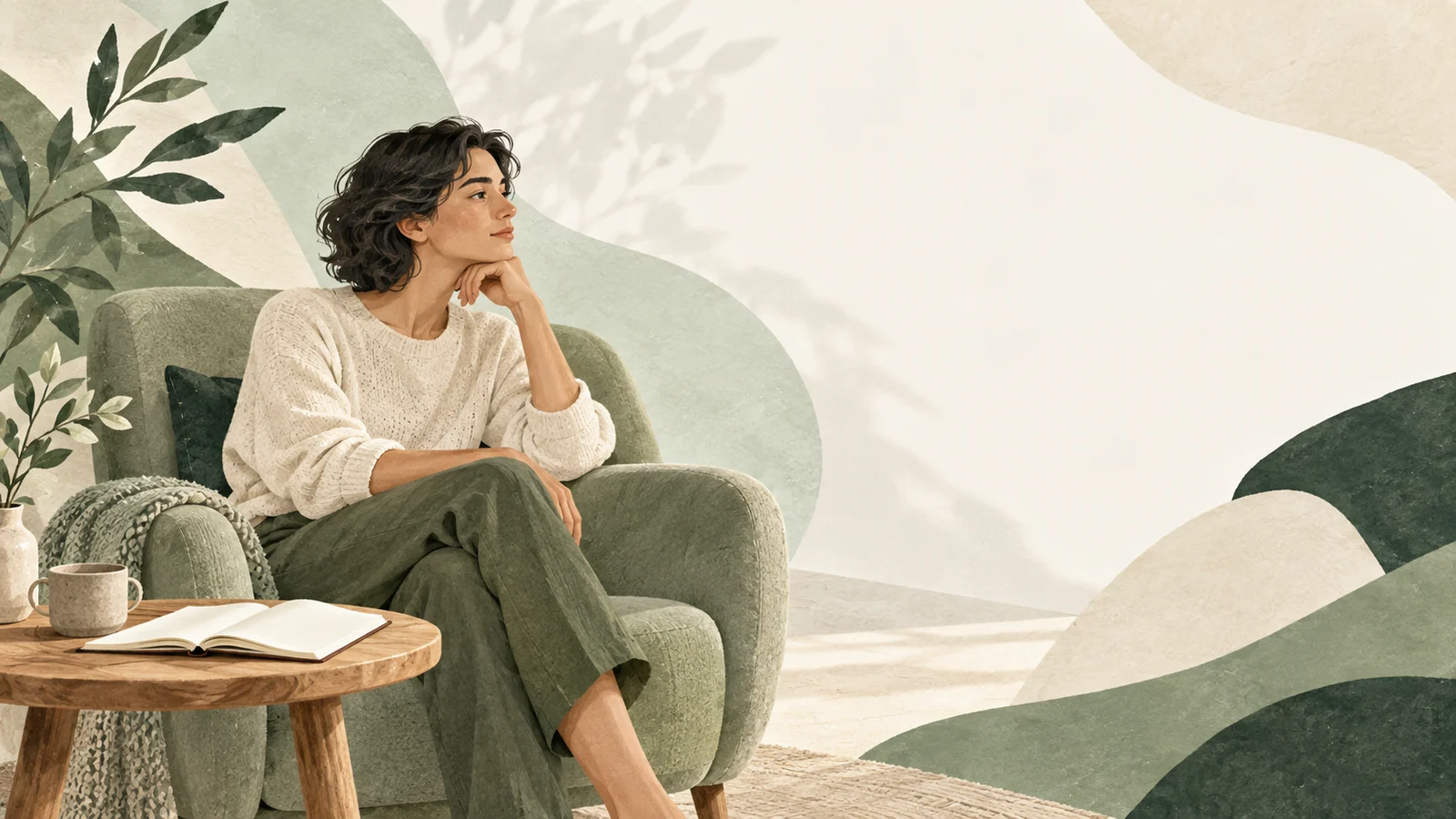Ilustrație editorială în tonuri de verde-salvie și ivory cu o femeie într-un fotoliu, într-un moment de reflecție calmă, lângă un caiet deschis.