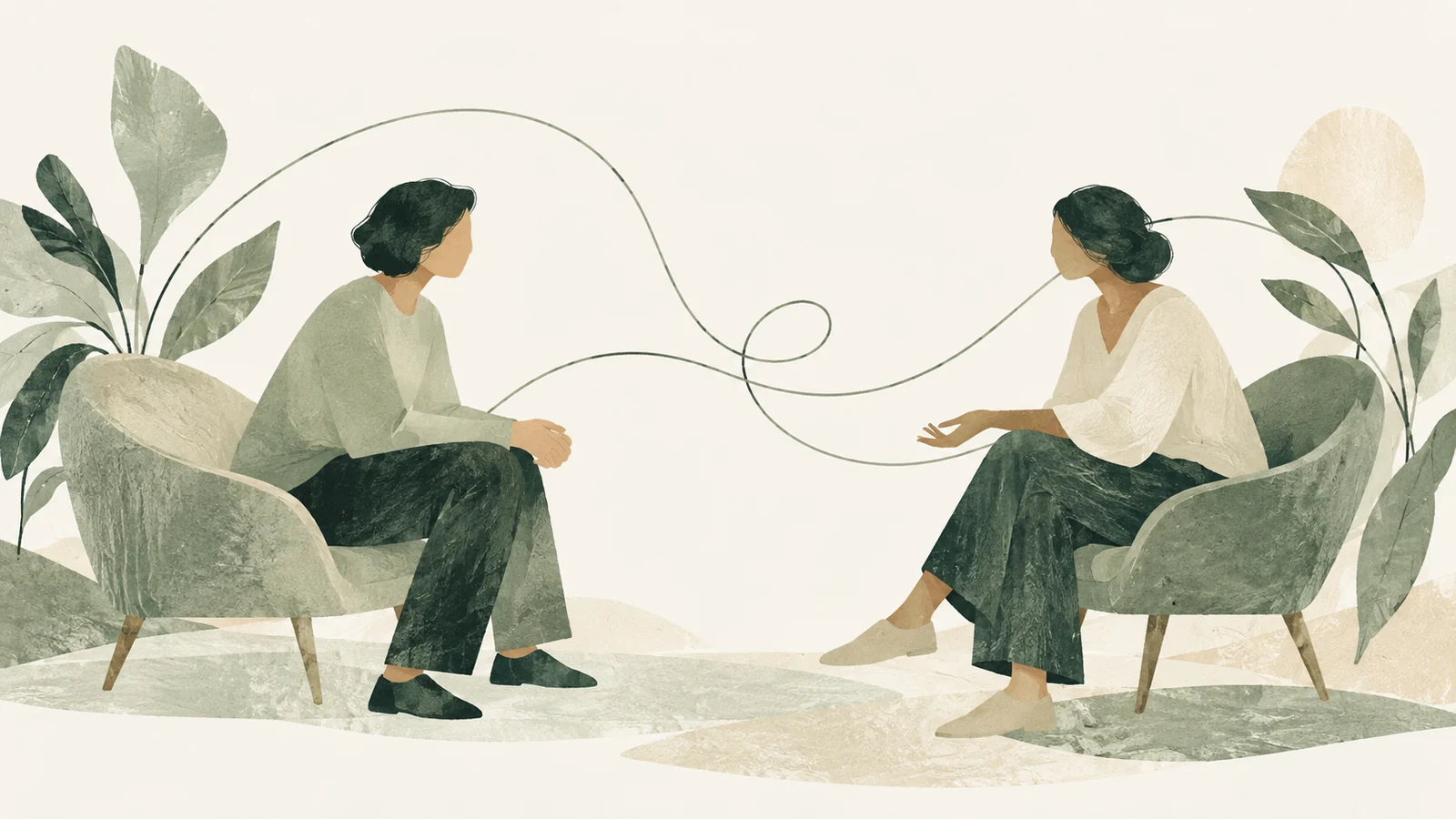 Ilustrație editorială în tonuri de verde-salvie și ivory cu două persoane așezate față în față, într-o conversație calmă