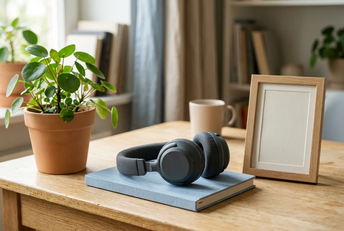 Căști audio, caiet, ramă simplă și o plantă într-un spațiu de studiu liniștit